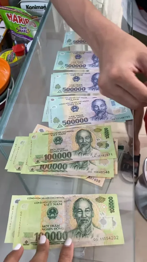Веер полимерных купюр вьетнамских донгов на витрине обменного пункта
